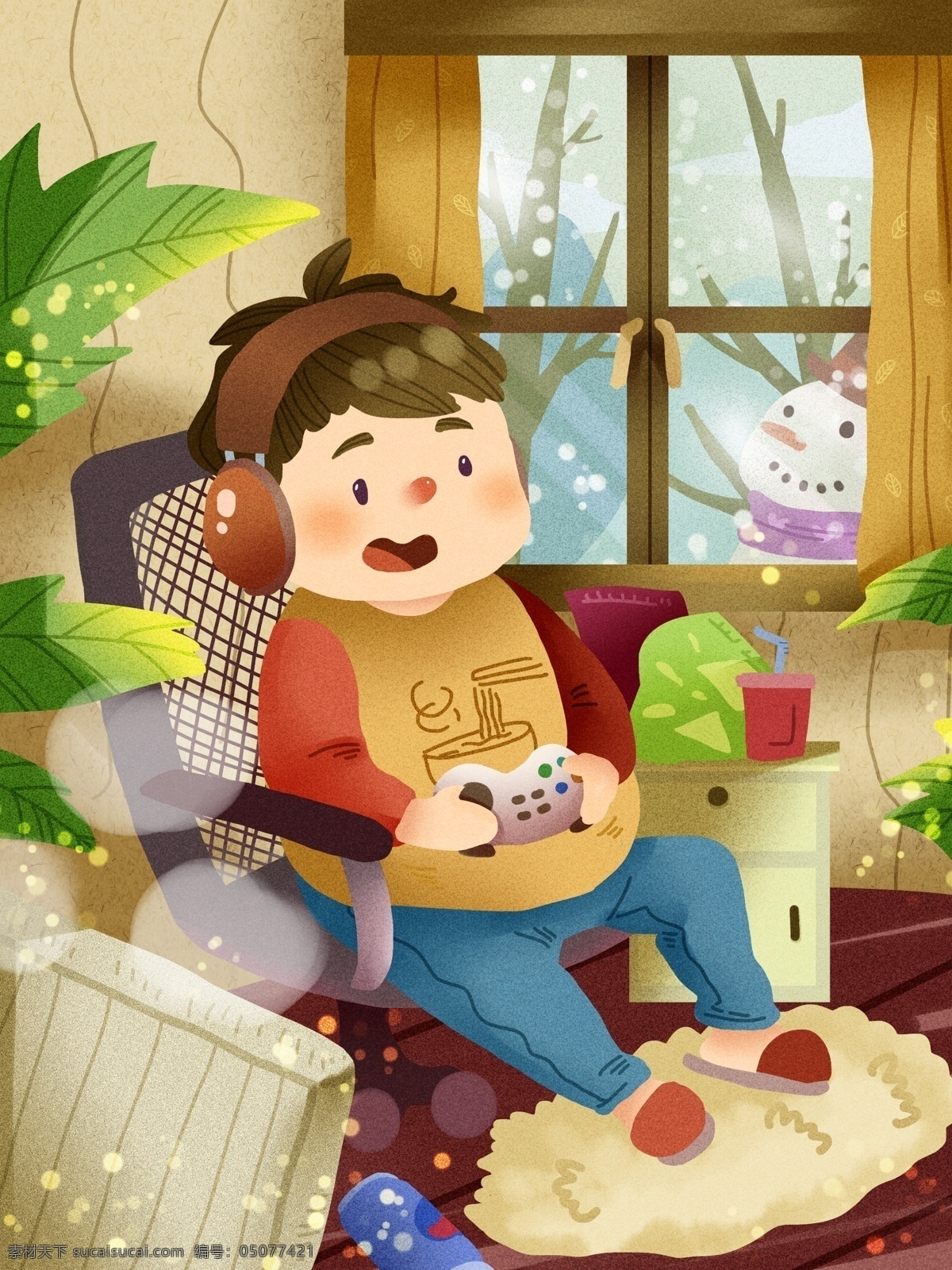 肥 宅 冬季 快乐 时光 在家 里 游戏 吃 薯片 雪人 地毯 肥宅 宅家 冷 暖气 男孩