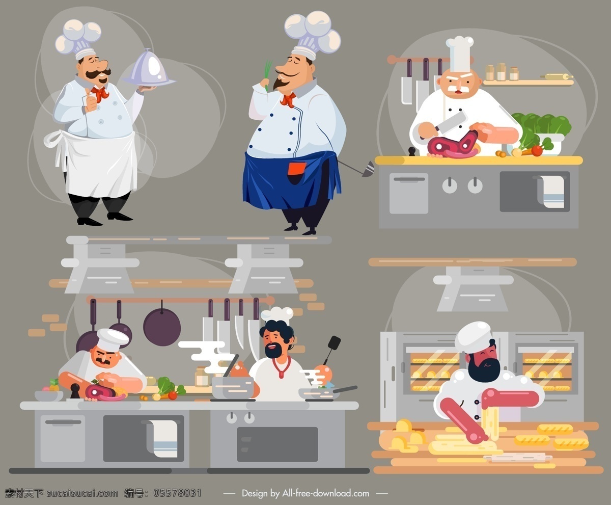 6款创意 男厨师设计 矢量素材 菜刀 蔬菜 肉 萝卜 面包 烘培 擀面棍 创意 男子 厨师 料理 厨房 炖锅 煎锅 矢量图 ai格式 人物