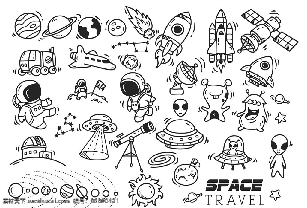 可爱 手绘 卡通 涂鸦 太空 宇宙 插画 儿童画 外星人 星球 火箭 宇航员 漫画 创意 插图 图案 印花 动漫动画