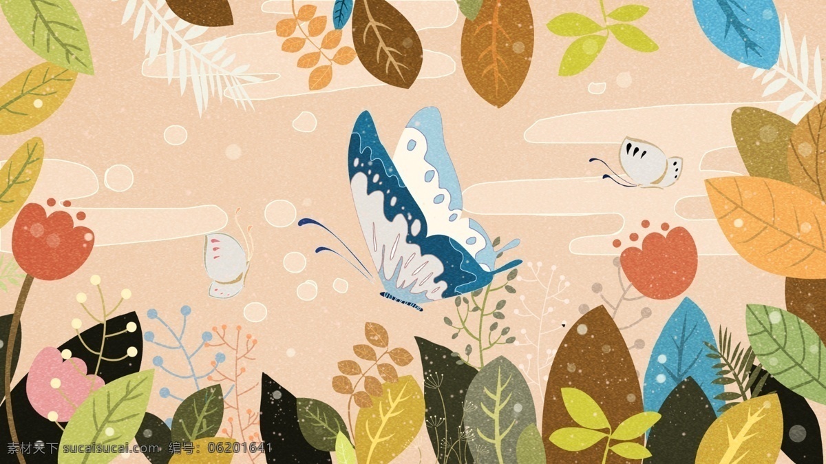 原创 自然 印象 插画 花丛 中 蝴蝶 植物 壁纸 树叶 暖色系