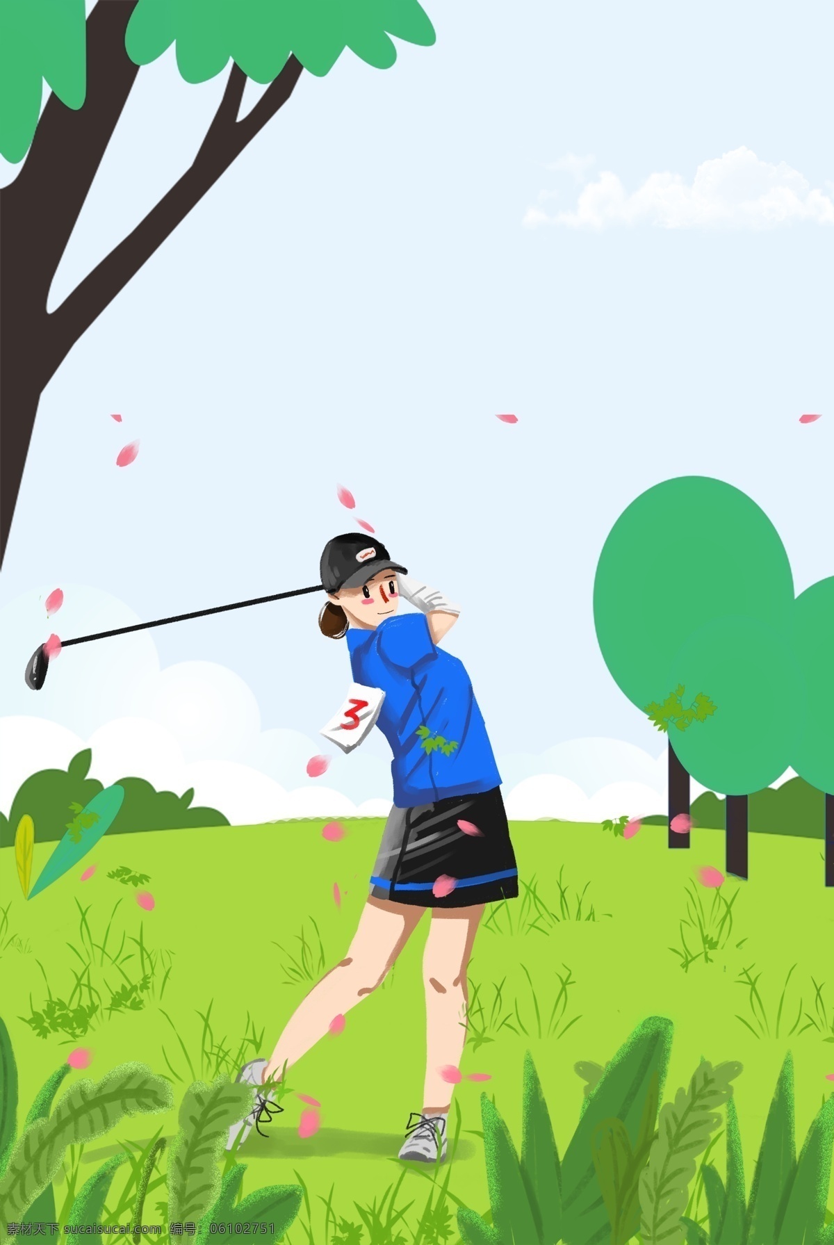健康 高尔夫 运动 蓝色天空 背景 健身 草坪 树木 花瓣 云层 简约 手绘