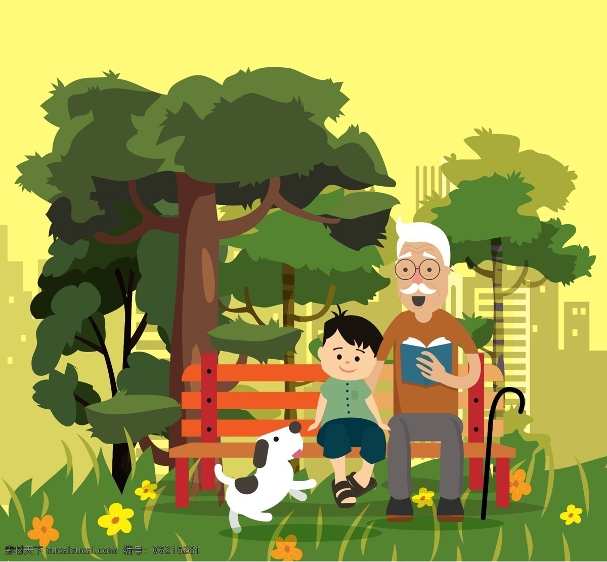 創(chuàng)意 公園 休息 爺爺 孫子 樹木 草地 花卉 長椅 狗 看書 閱讀 書籍 樓房 人物 人物圖庫 生活人物