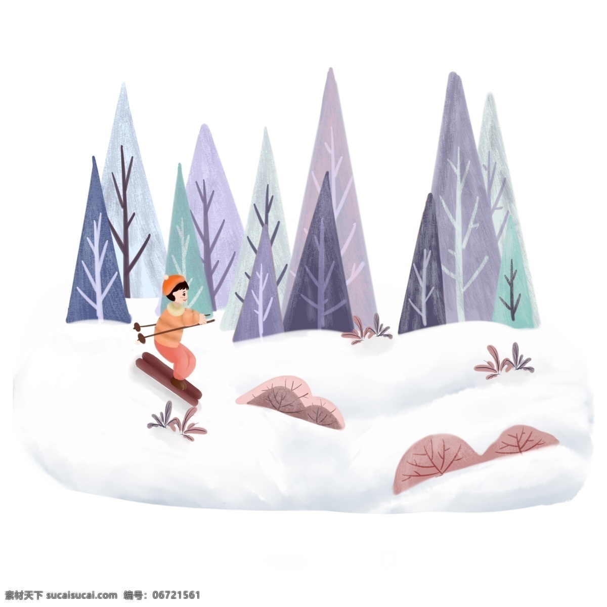 冬季 雪景 小孩 滑雪 手绘 插画 小清新 冬天 可爱 蓝色 下雪 圣诞 场景 寒冷 山脉 房屋 树木 清凉 雪山