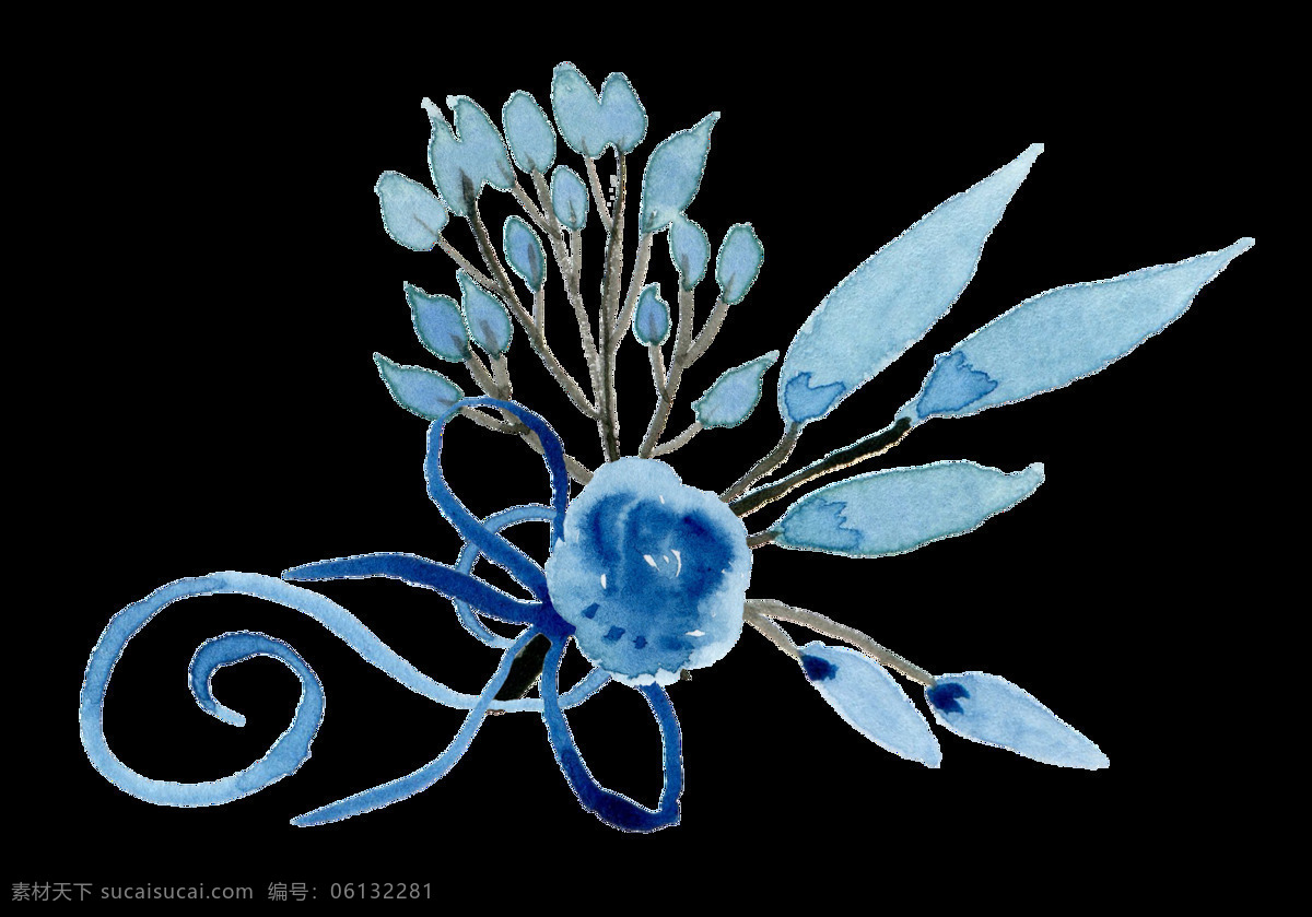 彩绘 蓝色 淡雅 长 叶子 玫瑰 花朵 元素 png元素 免抠元素 透明元素