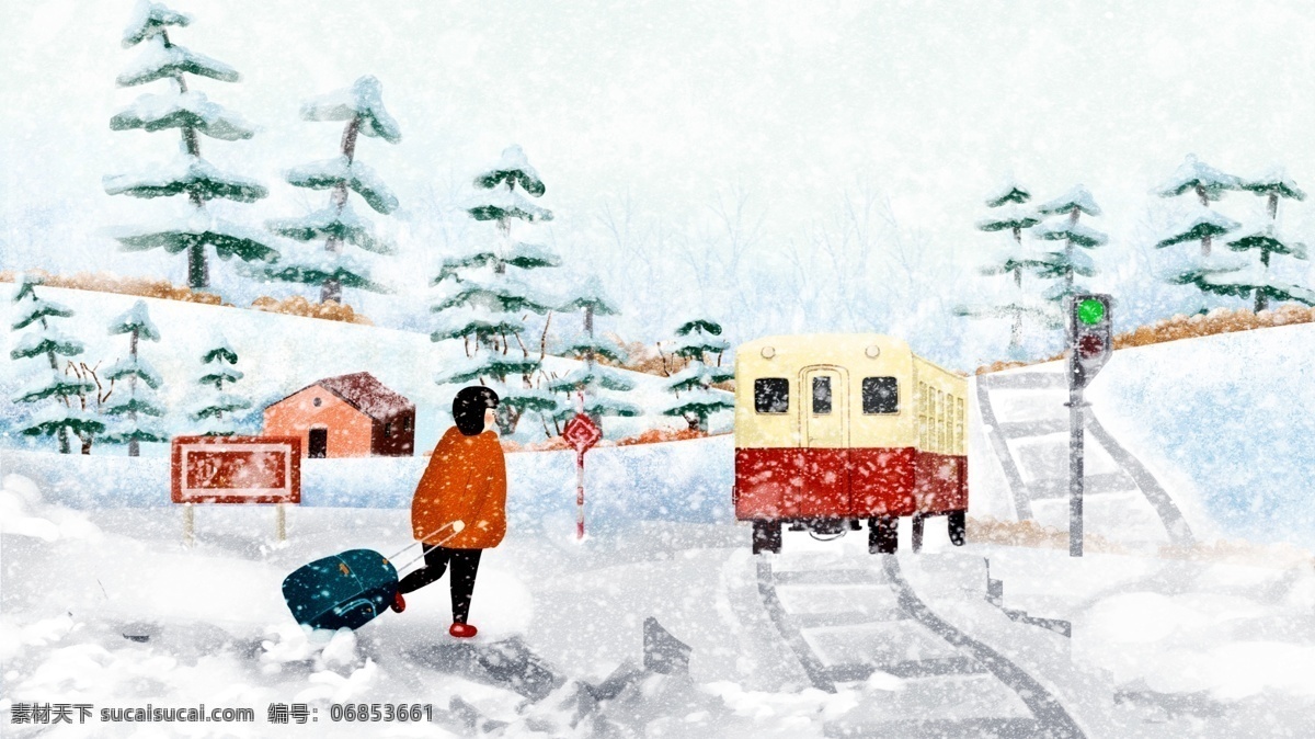 創(chuàng)意 唯美 冬季 雪景 冬天 你好 雪山 女孩 回家 插畫 冬季雪景 冬天你好 女孩回家