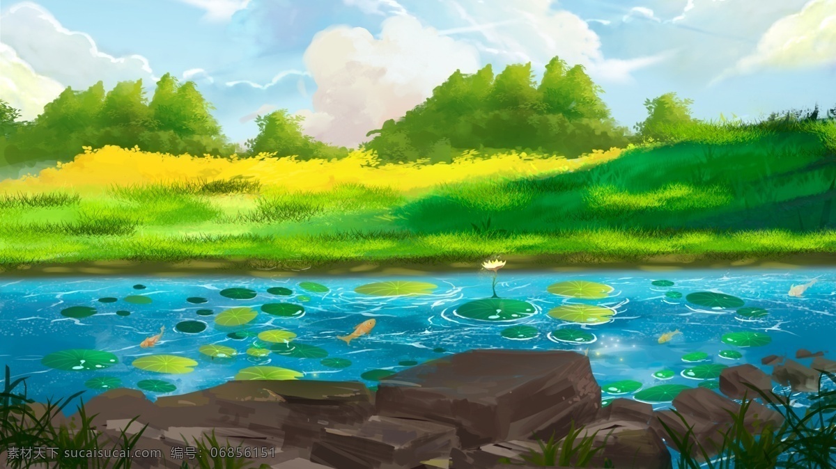 精美 户外 风景 背景 湖泊 河流 植物 草地 卡通 彩色 创意 装饰 设计背景 海报背景 简约 图案 背景素材