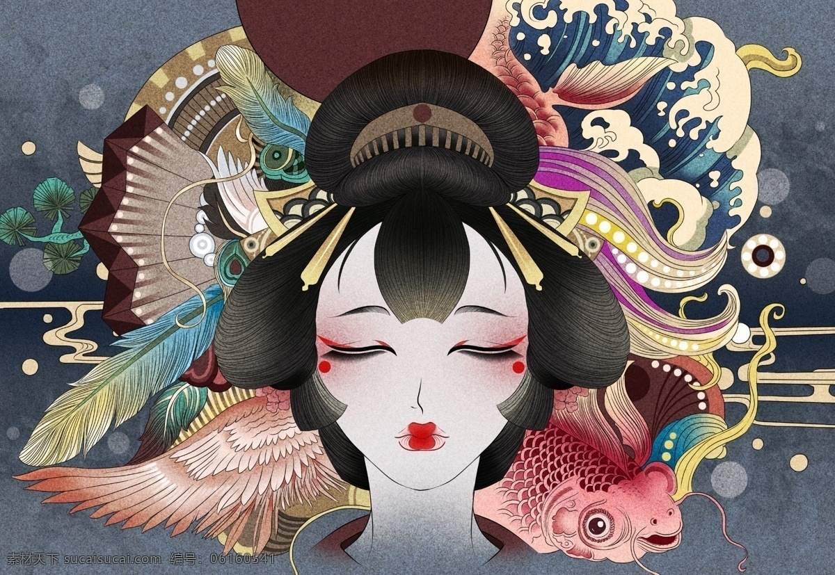 日式 浮世绘 人物 女性 插画 卡通 古风背景 分层