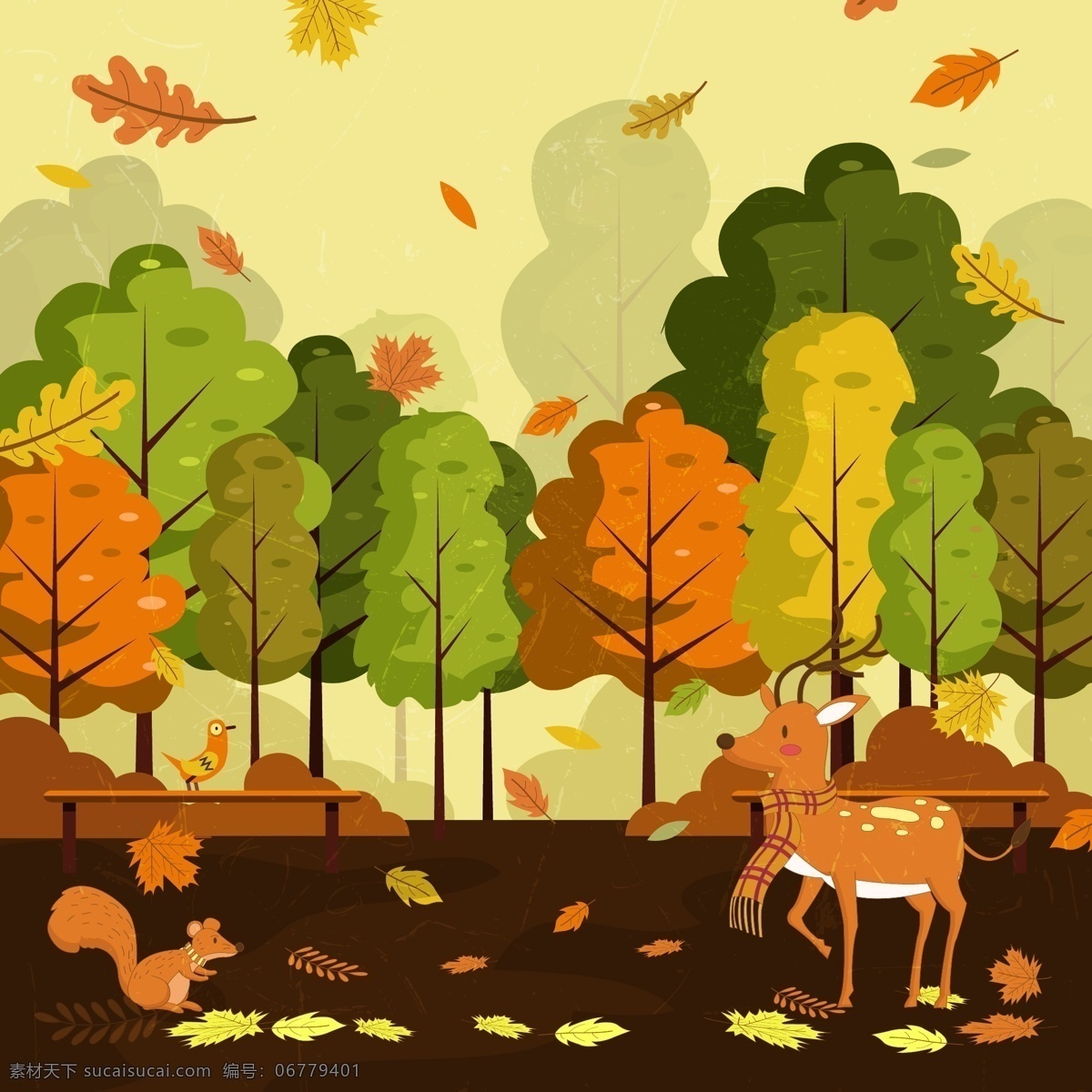 秋天 公园 里 动物图片 树叶 落叶 树木 松鼠 长椅 矢量 高清图片