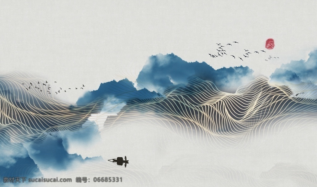 新中式山水 中国风 国画 写意 山景 江山