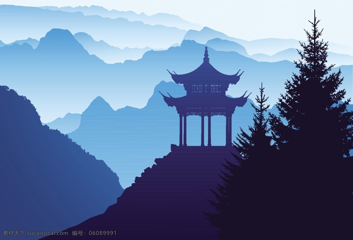 山川 风景 创意 插画 风景插画 绘画 图案 装饰 中国风 传统 简约 大气 装饰画 分层