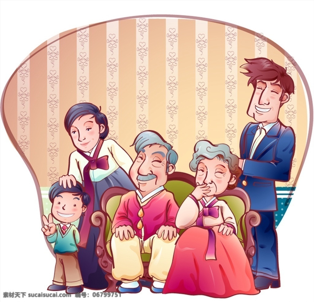 卡通 韩国 家庭 花纹 插画 爷爷 奶奶 孩子 父亲 矢量 高清图片