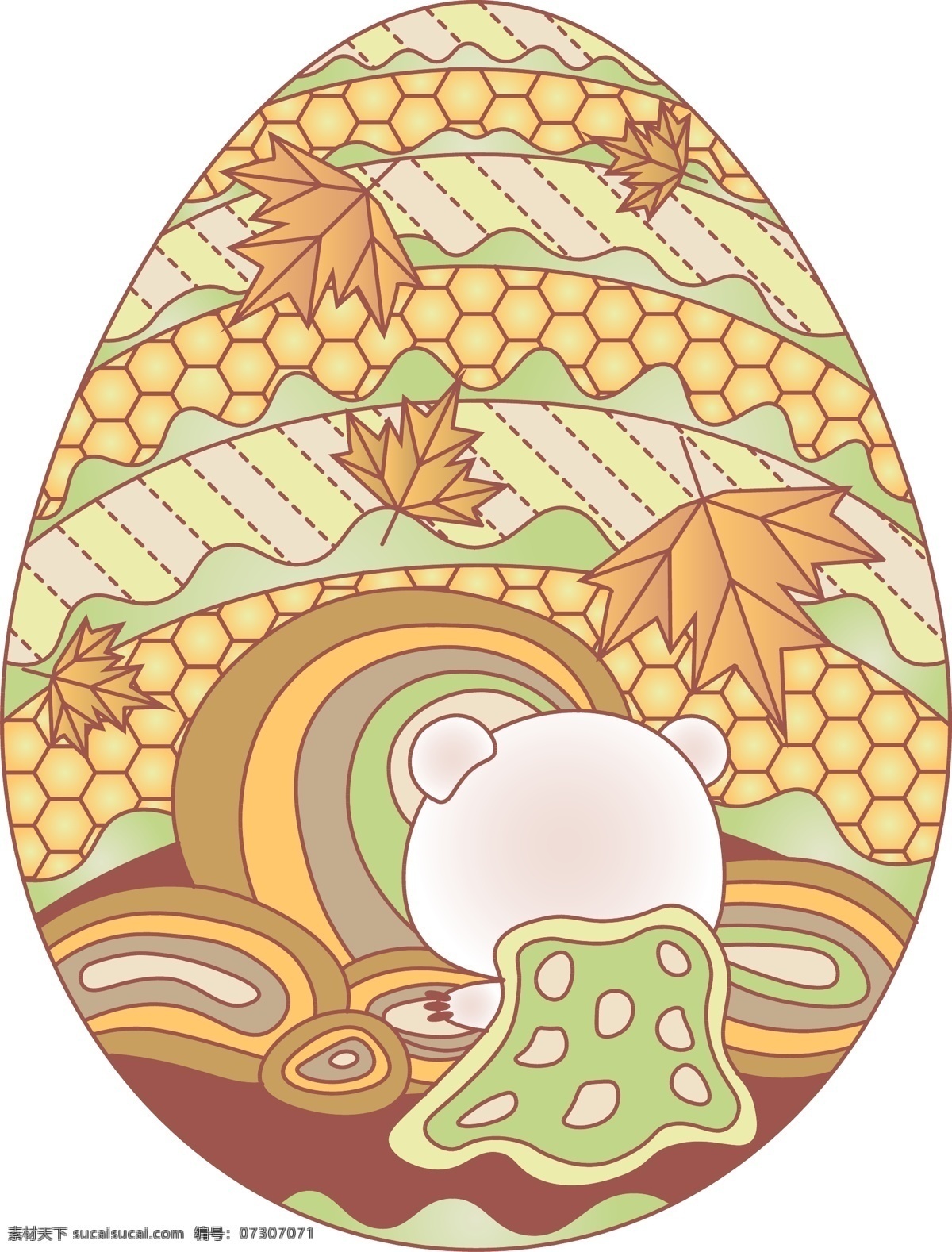 线性 视界 秋天 熊 复活节 彩蛋 矢量 棕色 绿色 落叶 叶子 卡爱