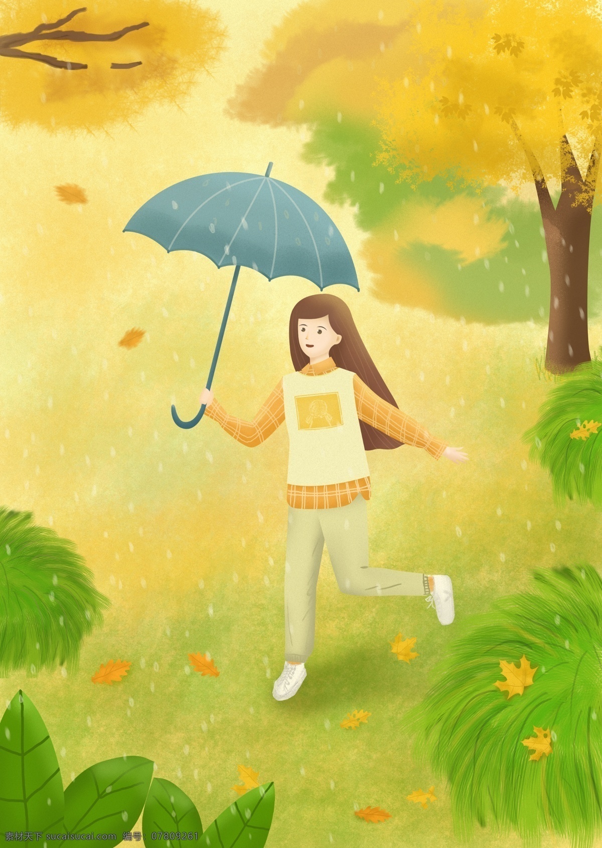 小 清新 原创 插画 手机 海 服 秋天 雨 中 散步 女孩 手机海服 雨中 小女孩 情感表达 小清新 原创插画