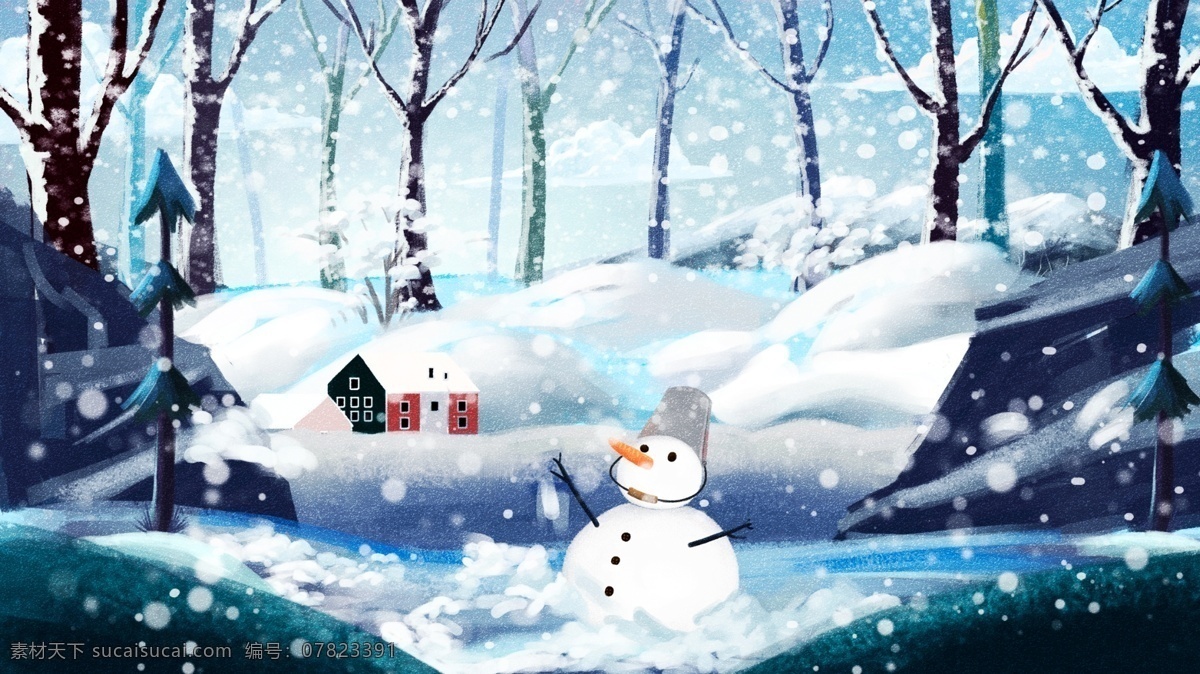 創(chuàng)意 手繪 唯美 冬天 雪景 雪花 你好 插畫 冬天雪景 冬天你好
