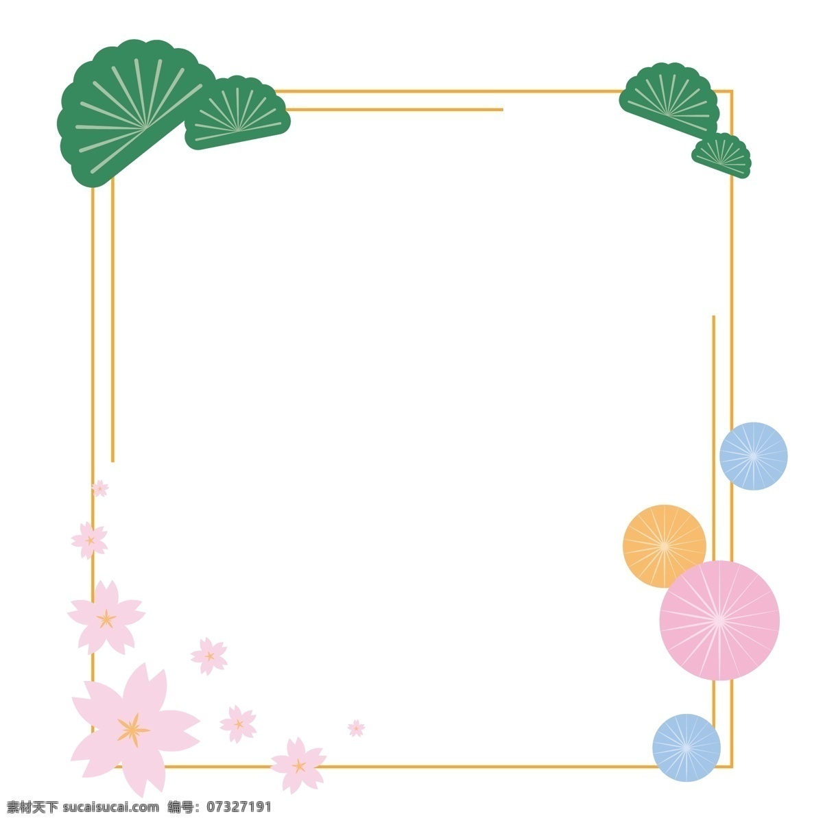 日式 樱花 可爱 少女 风格 唯美 矢量 免 抠 边框 和风 可爱少女风格 萌 日本 伞 日式装饰 绿植 花朵 花 金色细边 糖果色 柔色 马卡龙色