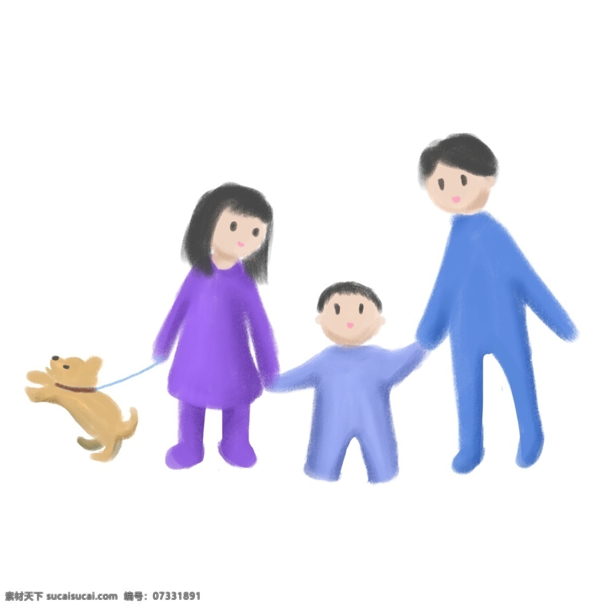 蓝色 手绘 温馨 妈妈 爸爸 孩子 狗 卡通 插画 家庭 三口之家 亲子 牵手 简约 宠物 出游 世界水日 手绘人物 笔触感