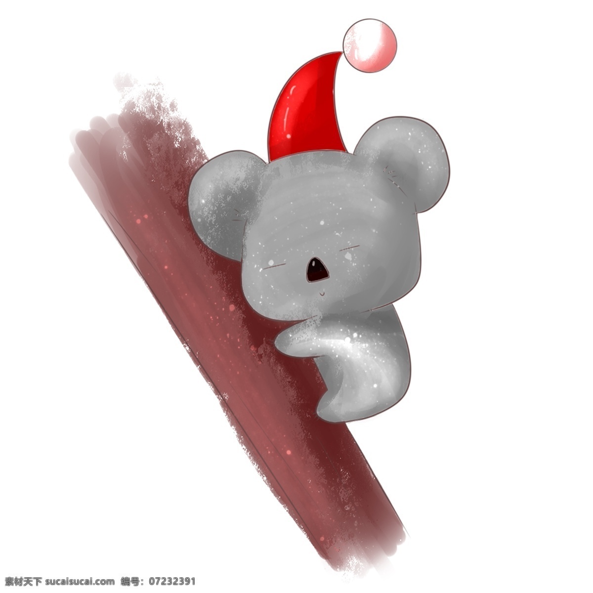 灰色 小考 拉 插画 可爱的小考拉 动物 红色圣诞帽 灰色的小考拉 圣诞节 考拉 爬 树上 睡觉