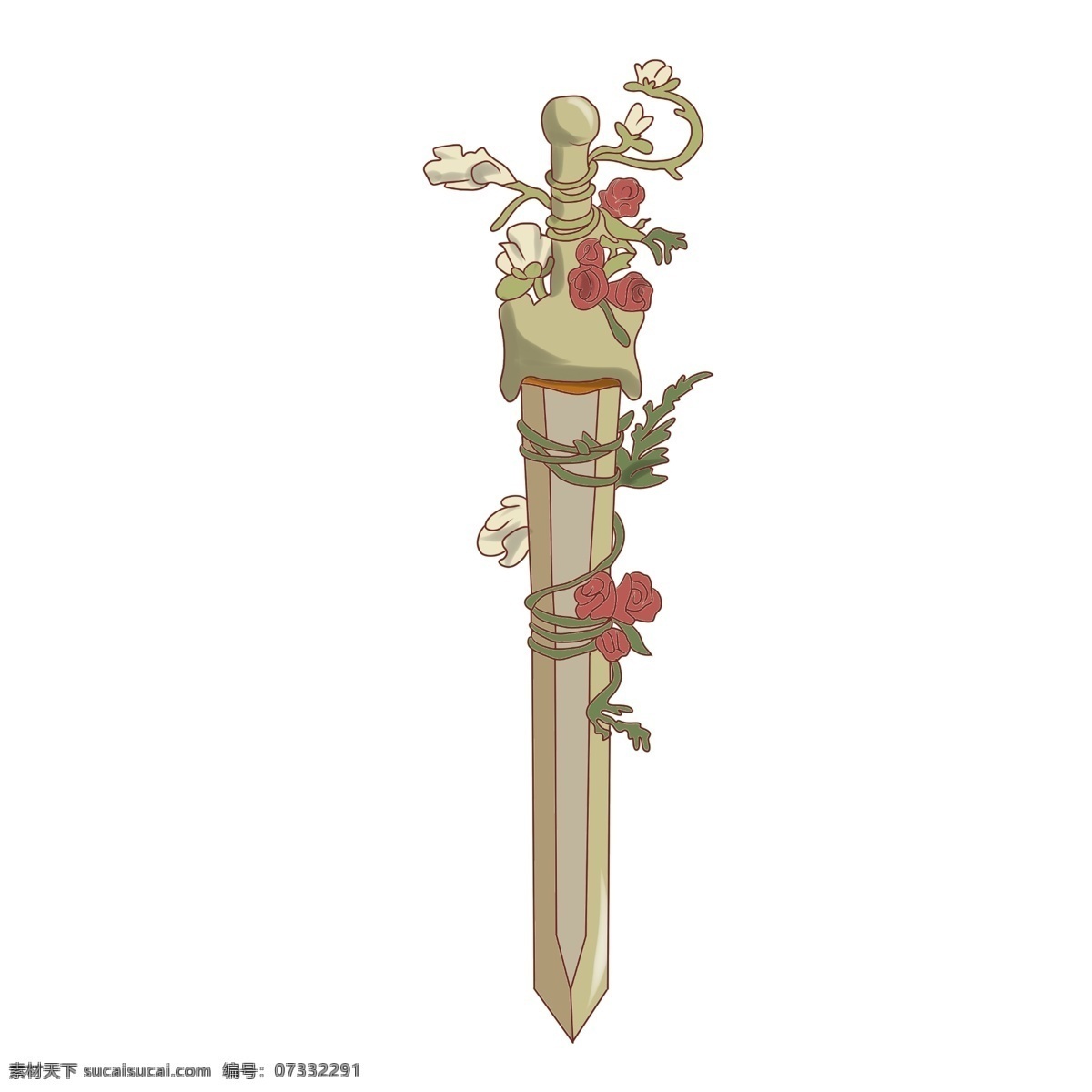 黄色 卡通 宝剑 插画 宝剑插画 黄色的宝剑 卡通宝剑插画 绿色的植物 红色的花朵 精美的宝剑