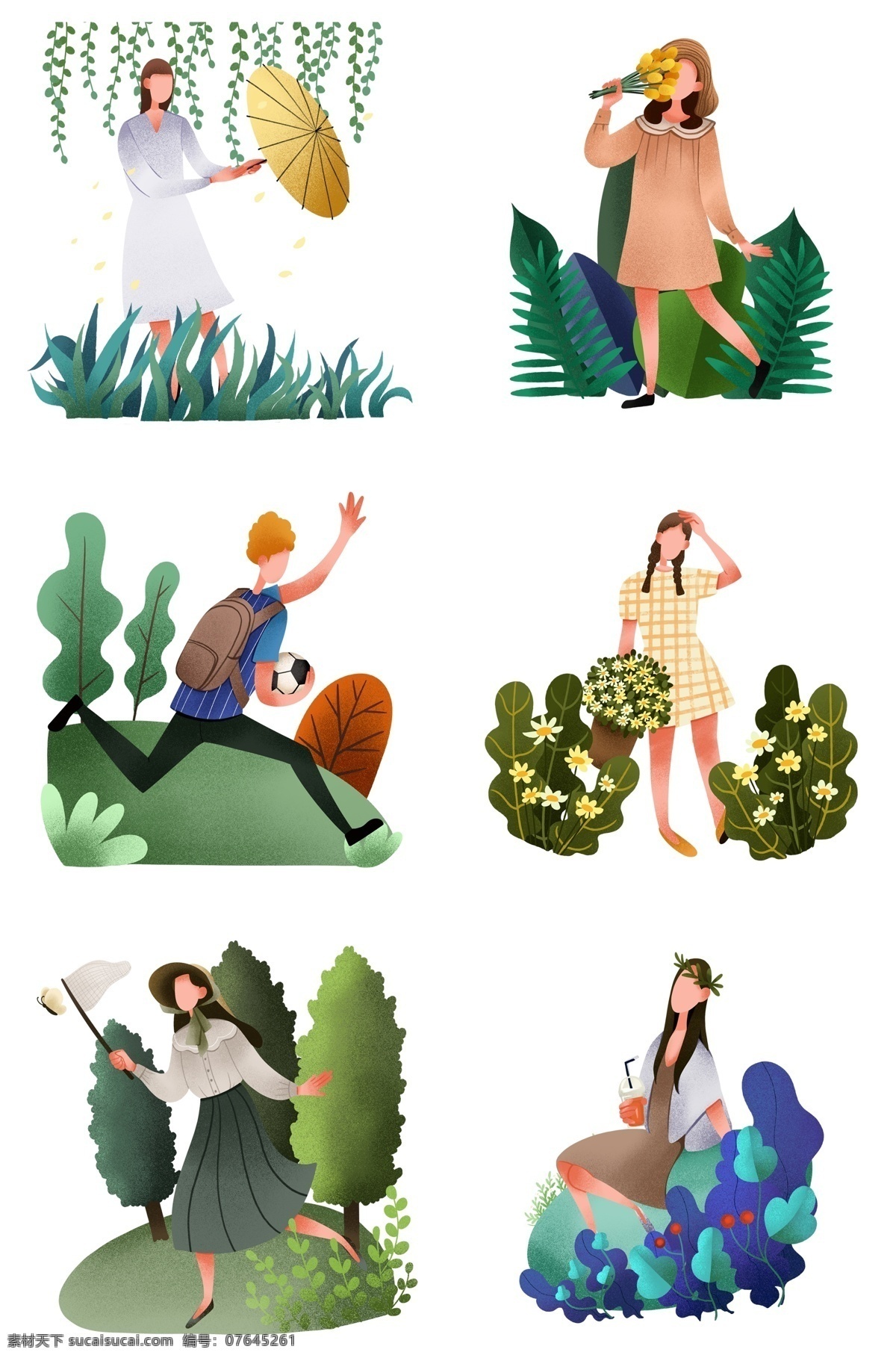 春游 踏青 女孩 插画 合集 漂亮 赏 景 绿色的叶子 植物装饰 采花女孩 卡通的人物