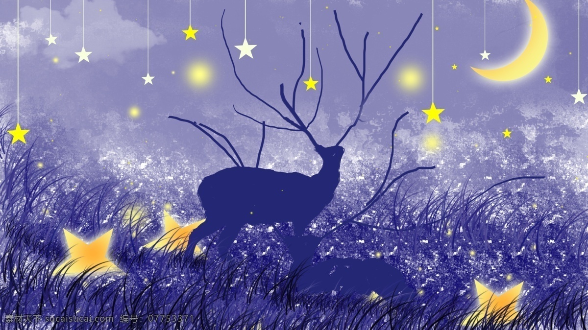 夜晚 星空 林 深见 鹿 唯美 蓝紫色 原创 插画 星星 月亮 森林 治愈系 原创插画 电脑壁纸 配图 手机壁纸