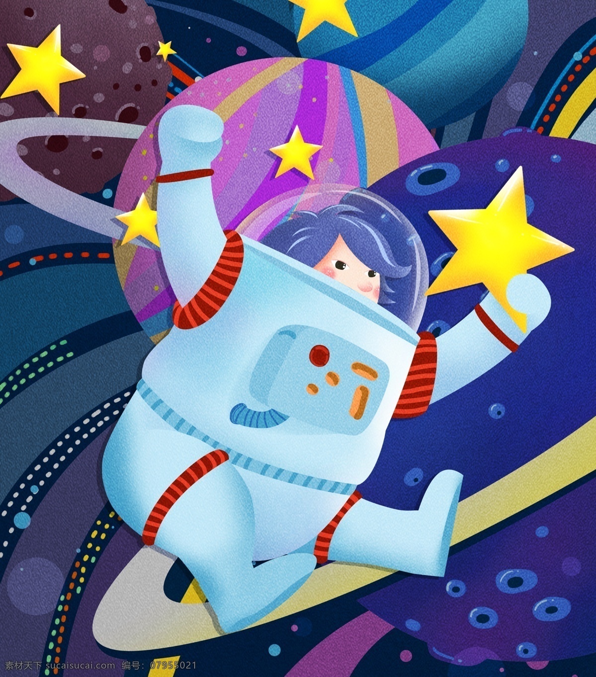 宇宙 奇妙 之旅 卡通 肌理 写实 风格 插画 系列 遨游 高清图 科幻 psd格式 航宇员 摘星 写实卡通手绘