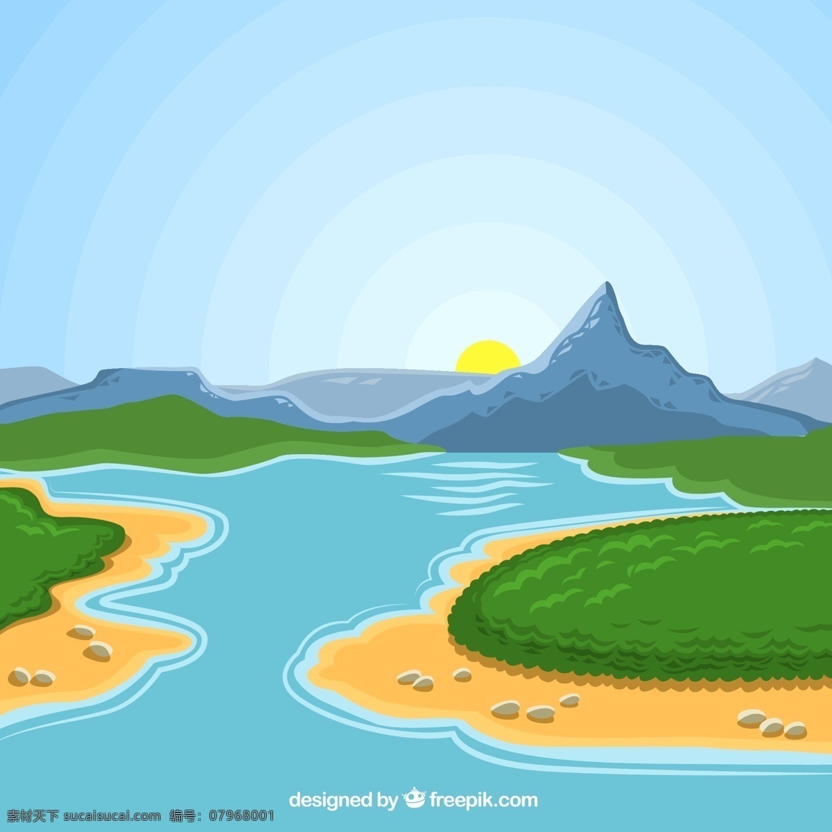 卡通 河谷 风景 矢量 壮观 彩色 夕阳 青色 天蓝色