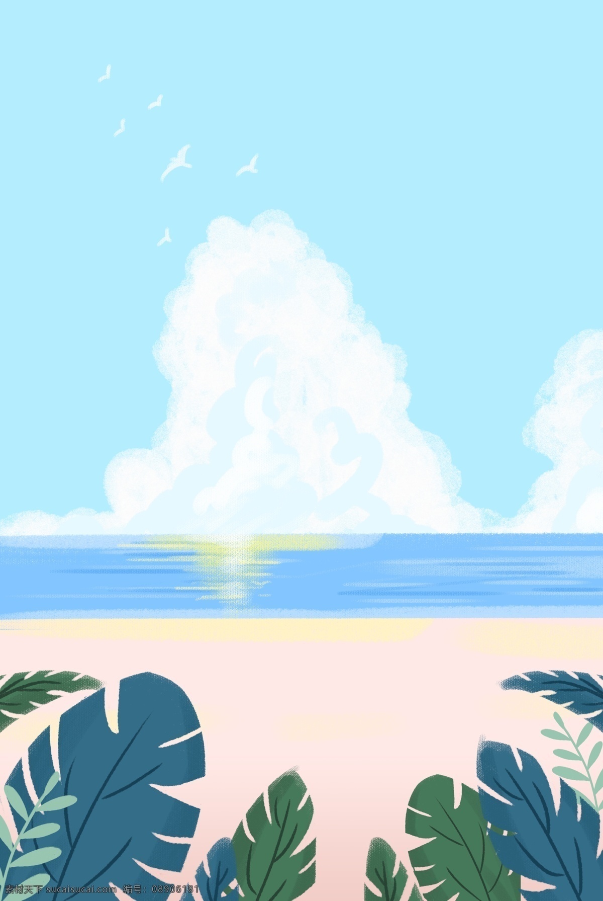 清新 夏日 海边 风景 螃蟹 海鸥 沙滩 背景 草