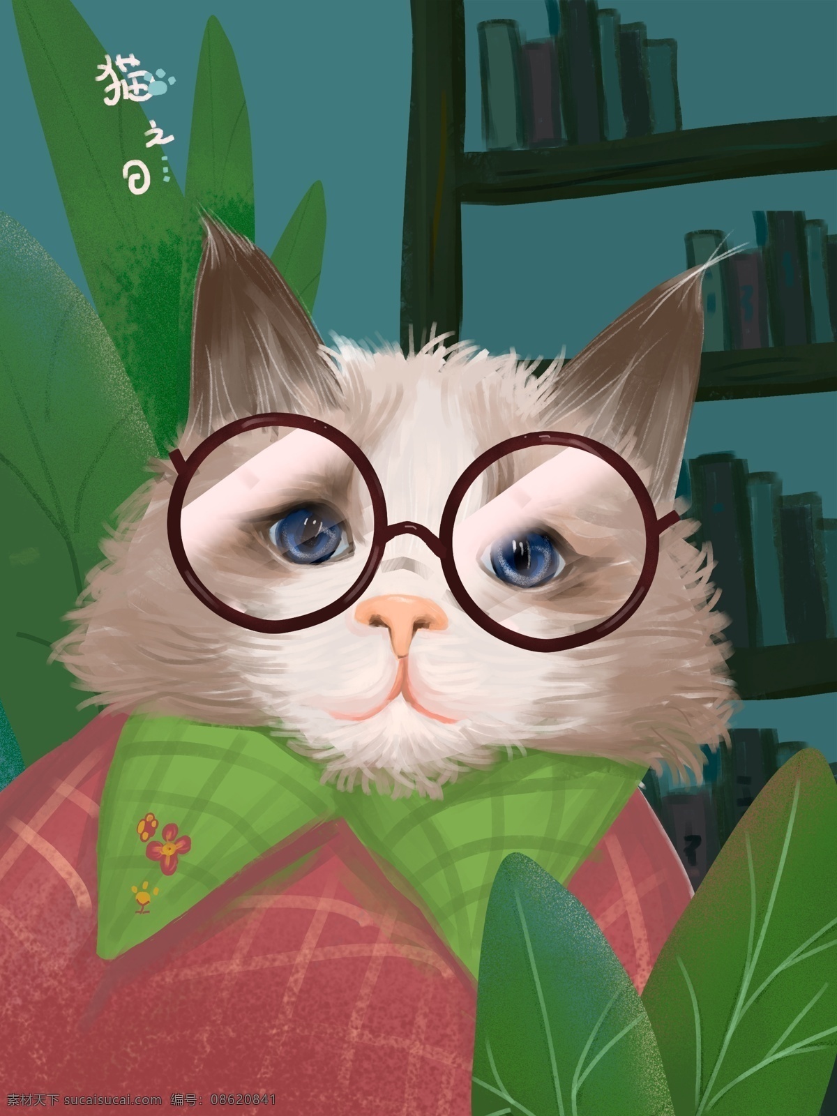 原创 猫 日 布偶 眼镜 叶子 书柜 猫之日