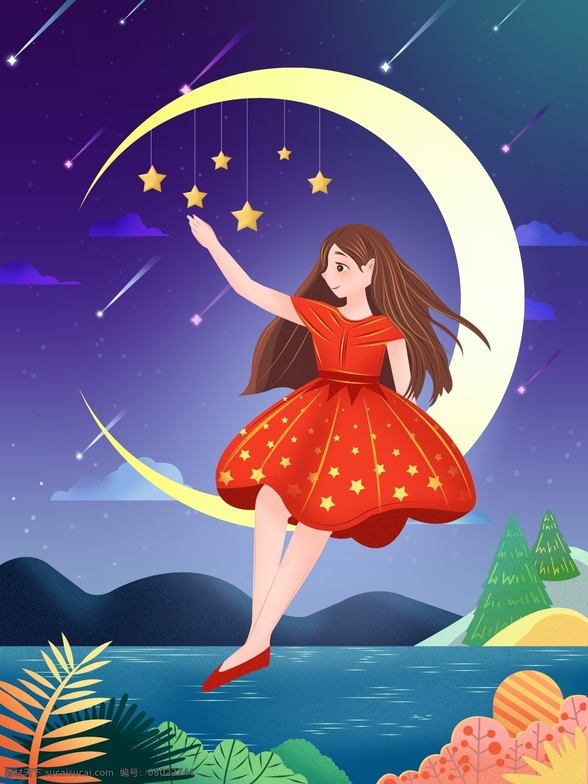 紫色 夢幻 星空 紅 裙 小女孩 坐 月亮 上 摘 星星 插畫 夜晚 流星 云 海 植物 明月 女生 許愿 神秘 小清新 唯美 卡通 繪畫 原創(chuàng)