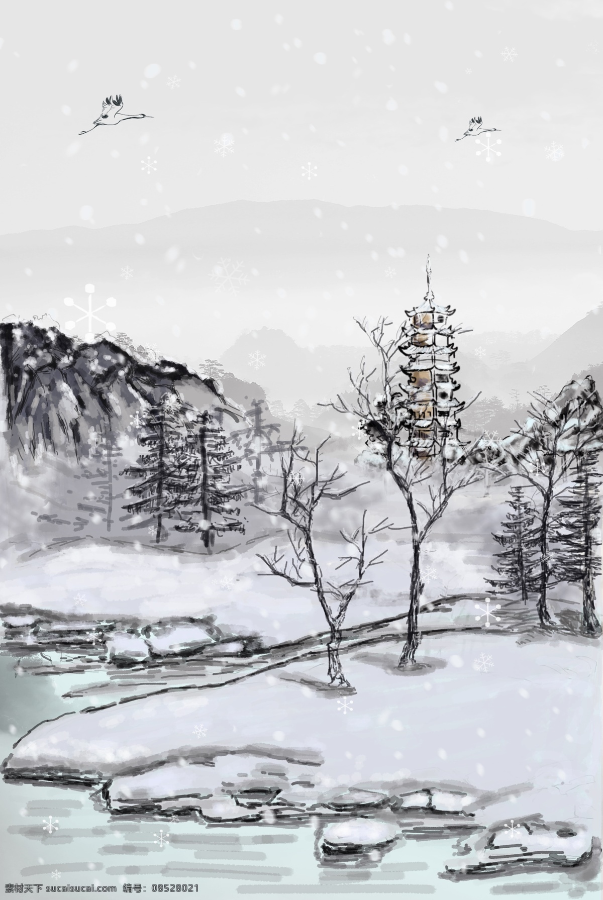 二十四節(jié)氣 大寒 背景 下雪 冬天 雪景 水墨 風景 文藝 清新 樹木 塔 湖 鶴 中國風