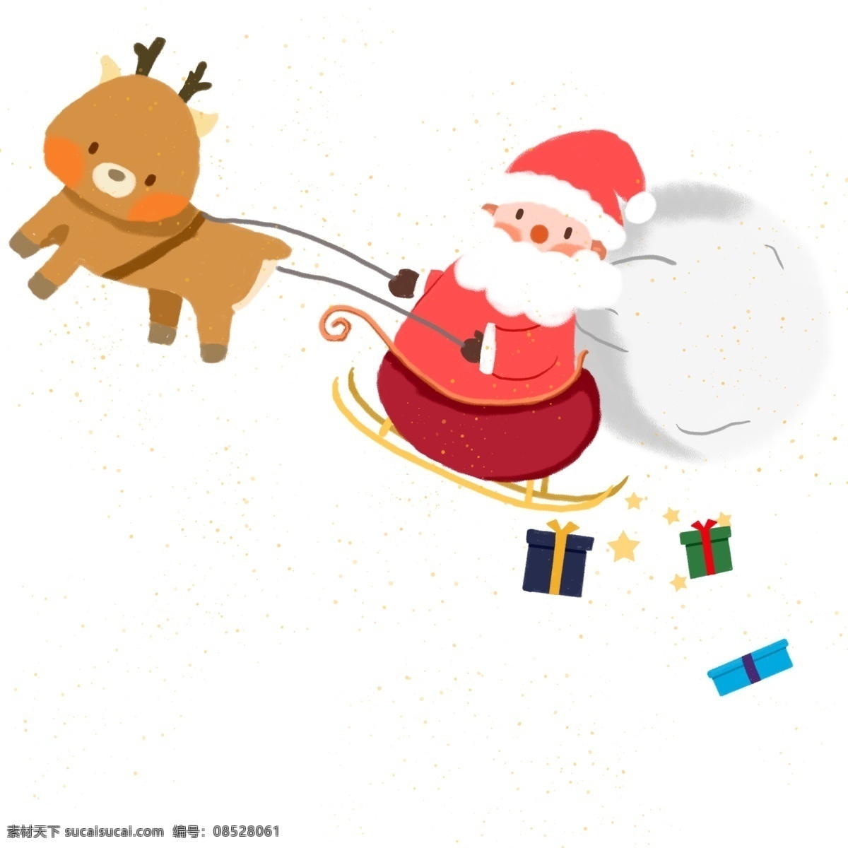 圣誕節(jié) 圣誕老人 駕 雪橇 送禮 物 可愛 手繪 圣誕 圣誕帽 戴 帽 麋鹿 禮物 背禮物的老人 歡樂 海報配圖 可愛麋鹿