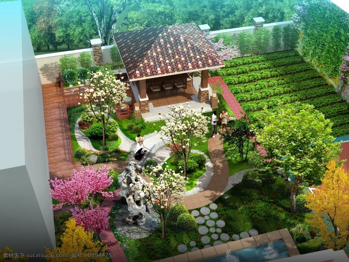 后院 中 国风 庭院 景观 园林 效果图 绿化 建筑效果图 亭子 鸟瞰 鸟瞰景观