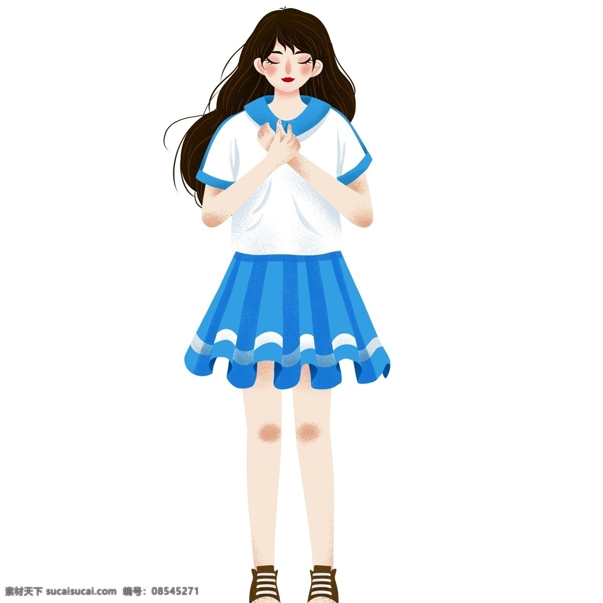 青春 愛(ài)女 學(xué)生 手繪 人物 卡通 可愛(ài) 女生 高中生 插畫(huà) 人物素材 百褶裙 少女