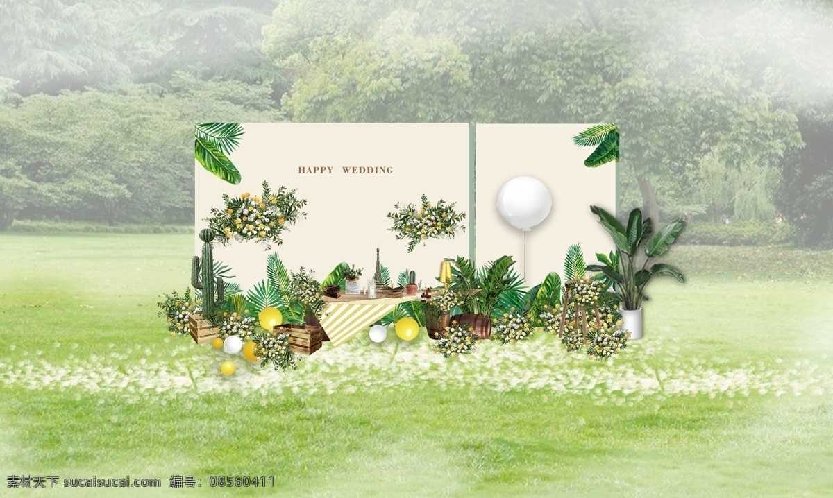 草坪婚礼 展示区 设计图 白色 绿色 小清新 婚礼展示区 合影区 酒桶 绿植 气球 森系小摆件