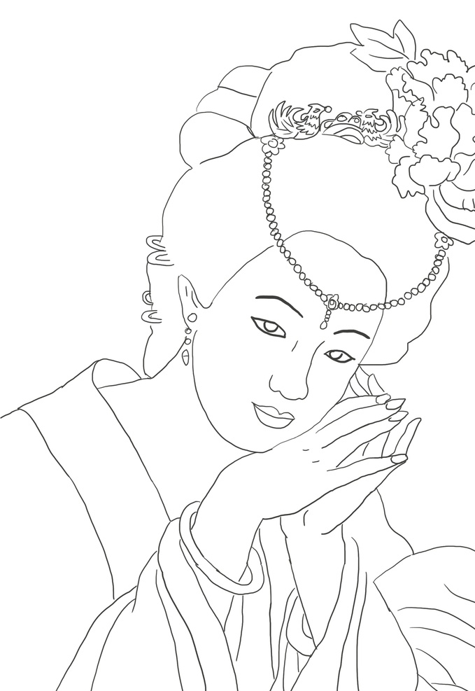 杨贵妃白描图 古代美女 杨贵妃 白描图 线稿 黑白稿 女性 人物图库 女性妇女