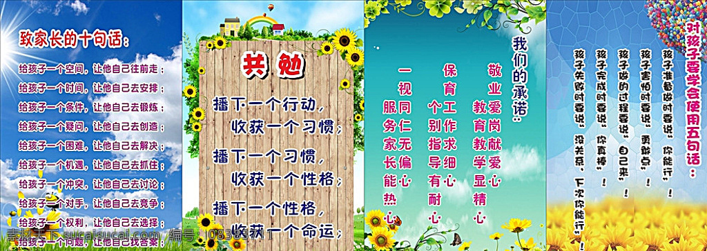 共勉 致家長 十句話 我們的 承諾 對(duì)孩子 要學(xué)會(huì) 使用 五句話 制度牌 向日葵 展板 模板 青色 天藍(lán)色