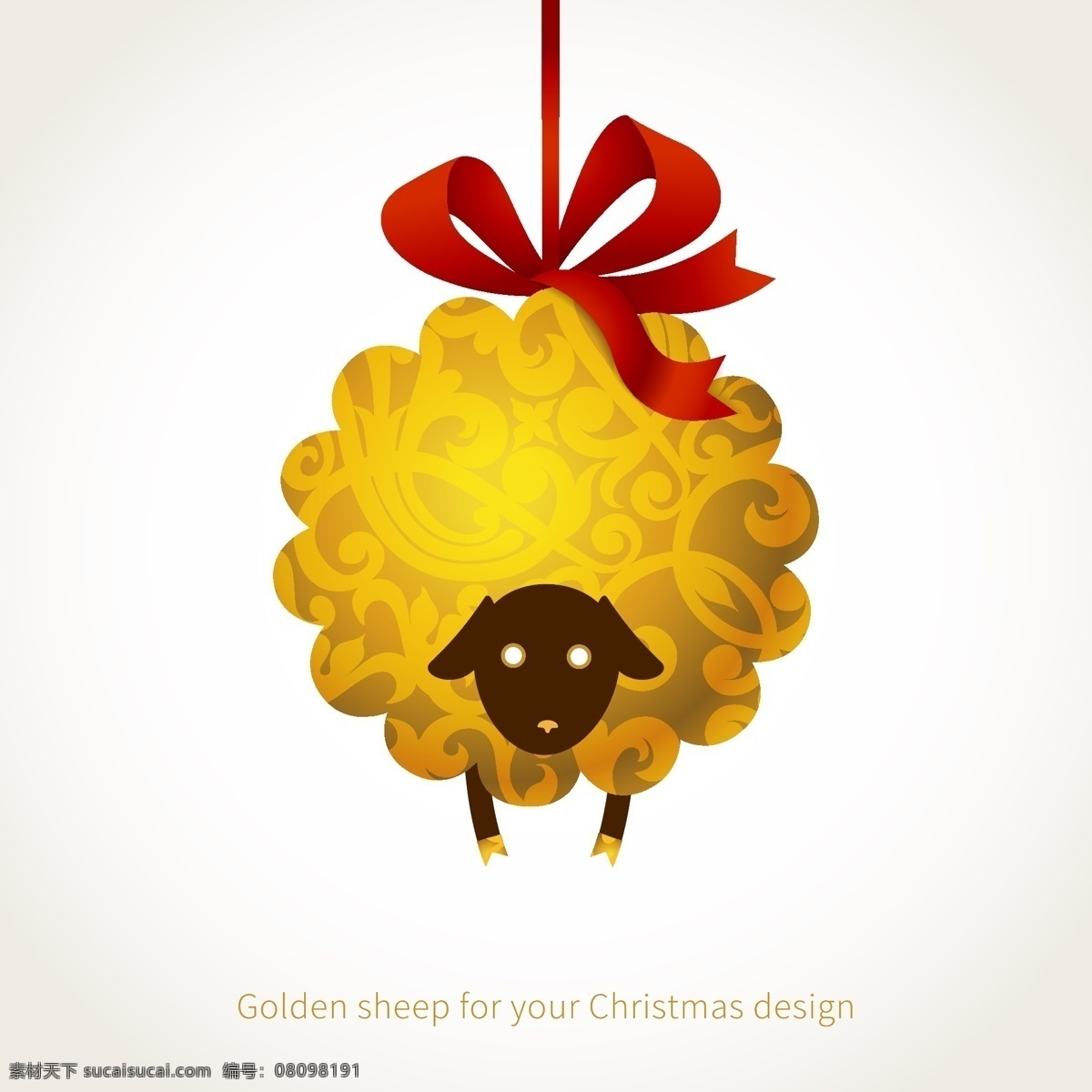 卡通 幽默 金色 绵羊 背景 矢量 圣诞节 丝带 2015 年 新年 快乐 吊球 节日素材 2015羊年