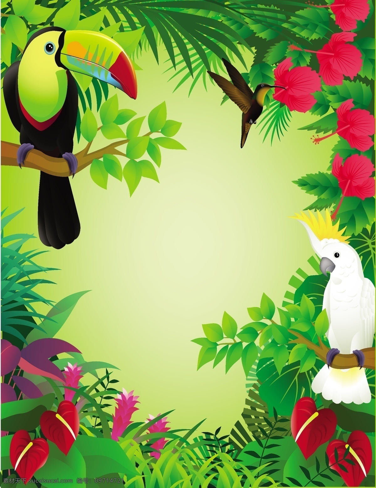 卡通 枝头 小鸟 鹦鹉 树枝 绿叶 鲜花 森林 鸟类 手绘 背景 底纹 矢量 鱼类 生物世界