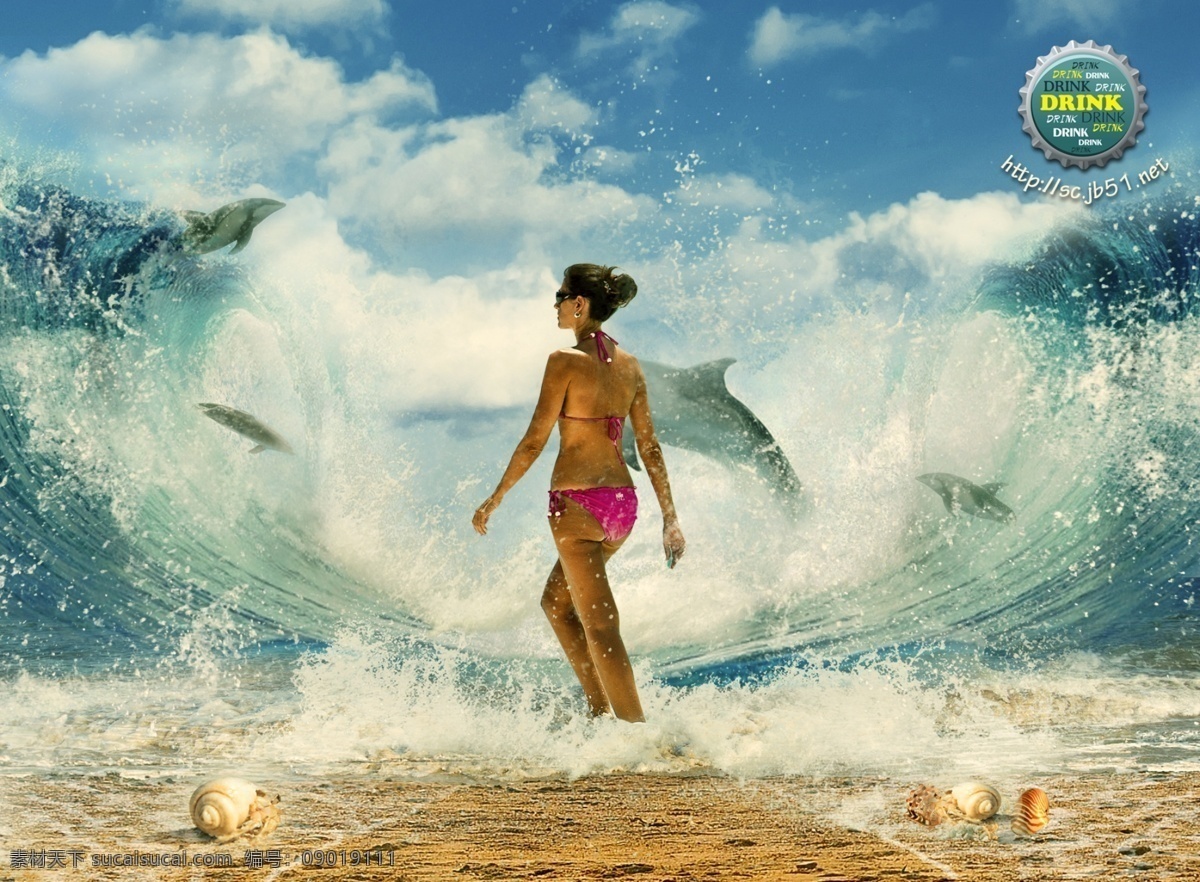 海滩 分水 创意 海报 海水 海浪 沙滩 广告