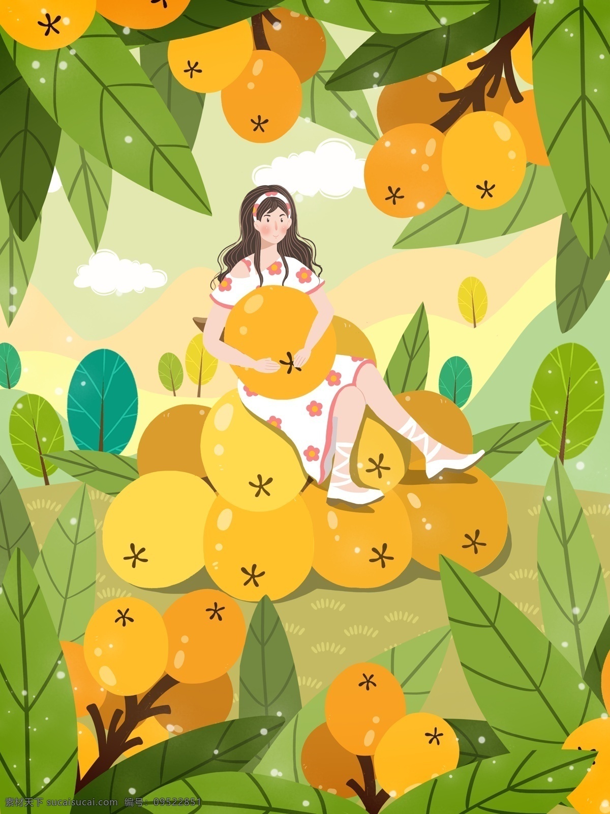 二十四節(jié)氣 小滿 時節(jié) 枇杷 成熟 插畫 小滿時節(jié) 果實 樹 山 女孩 草地 云 枇杷葉 壁紙 包裝 手機圖 配圖 扁平 小清新 可愛