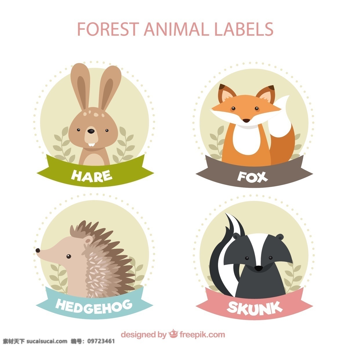 可爱 动物 标签 兔子 狐狸 刺猬 臭鼬 森林 矢量 高清图片