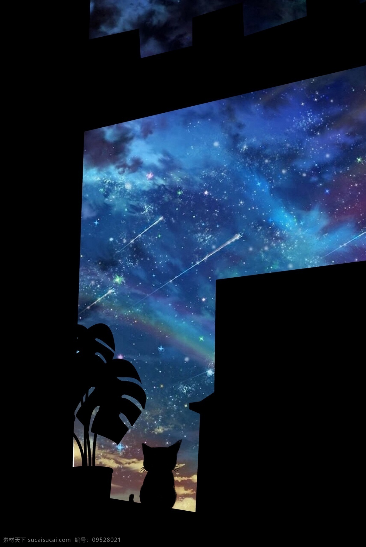 创意 夜晚 星空 梦幻 窗台 剪影 背景 海报 流星 猫 植物