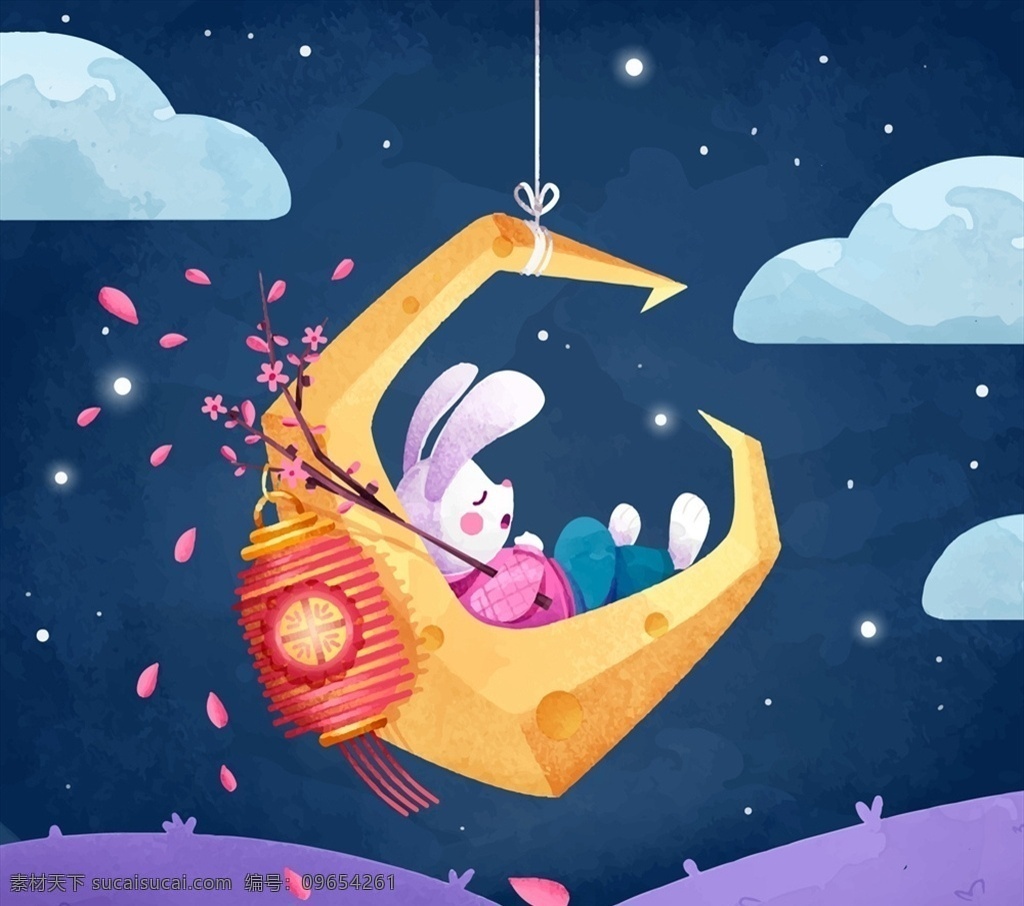 中秋节 月亮 上 兔子 卡通 睡眠 云朵 矢量 高清图片