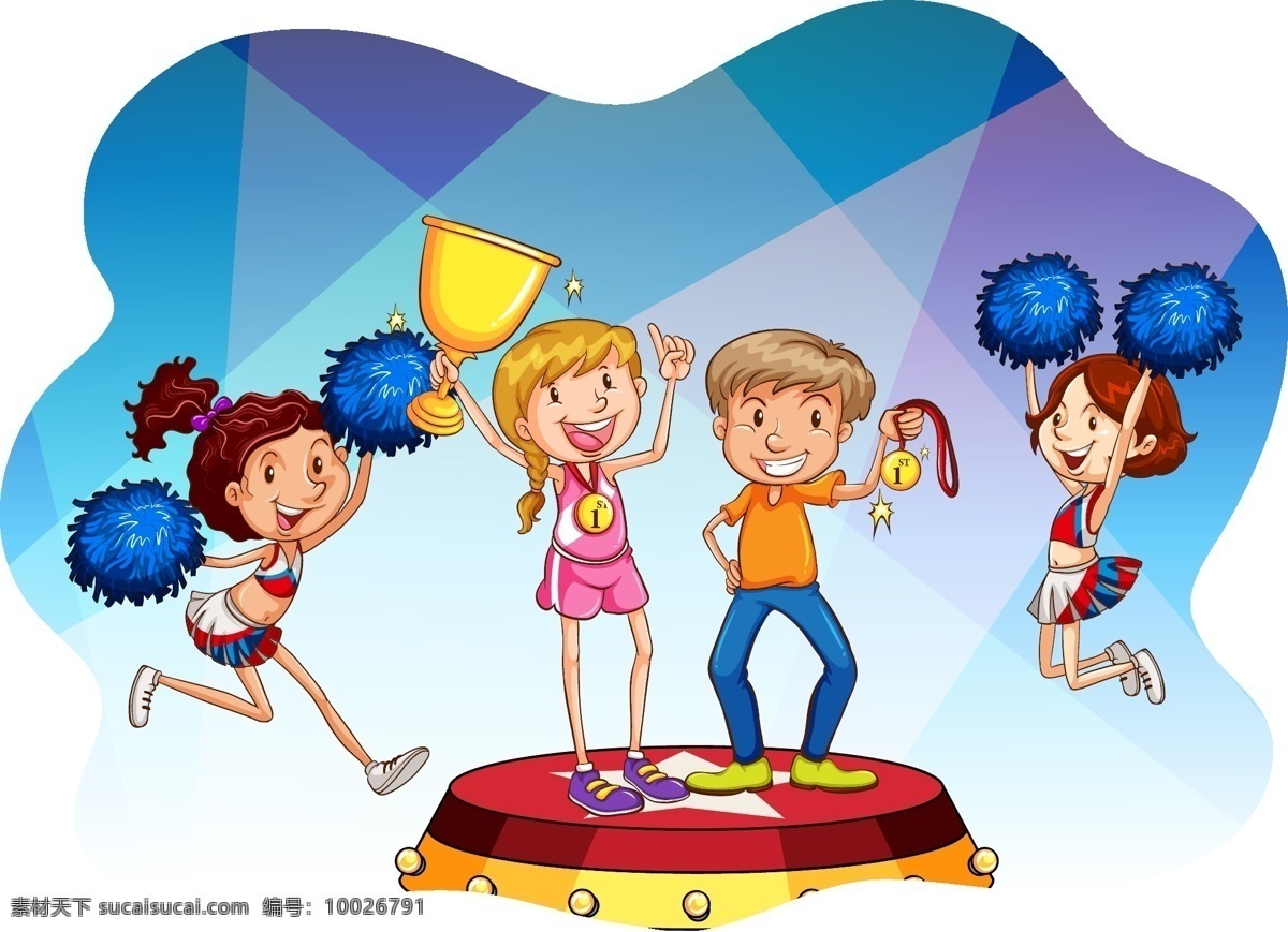 卡通啦啦队员 啦啦队 表演 儿童 欢乐 欢呼 舞蹈 绒球 学生 孩子们 女生 女孩 卡通儿童 卡通设计