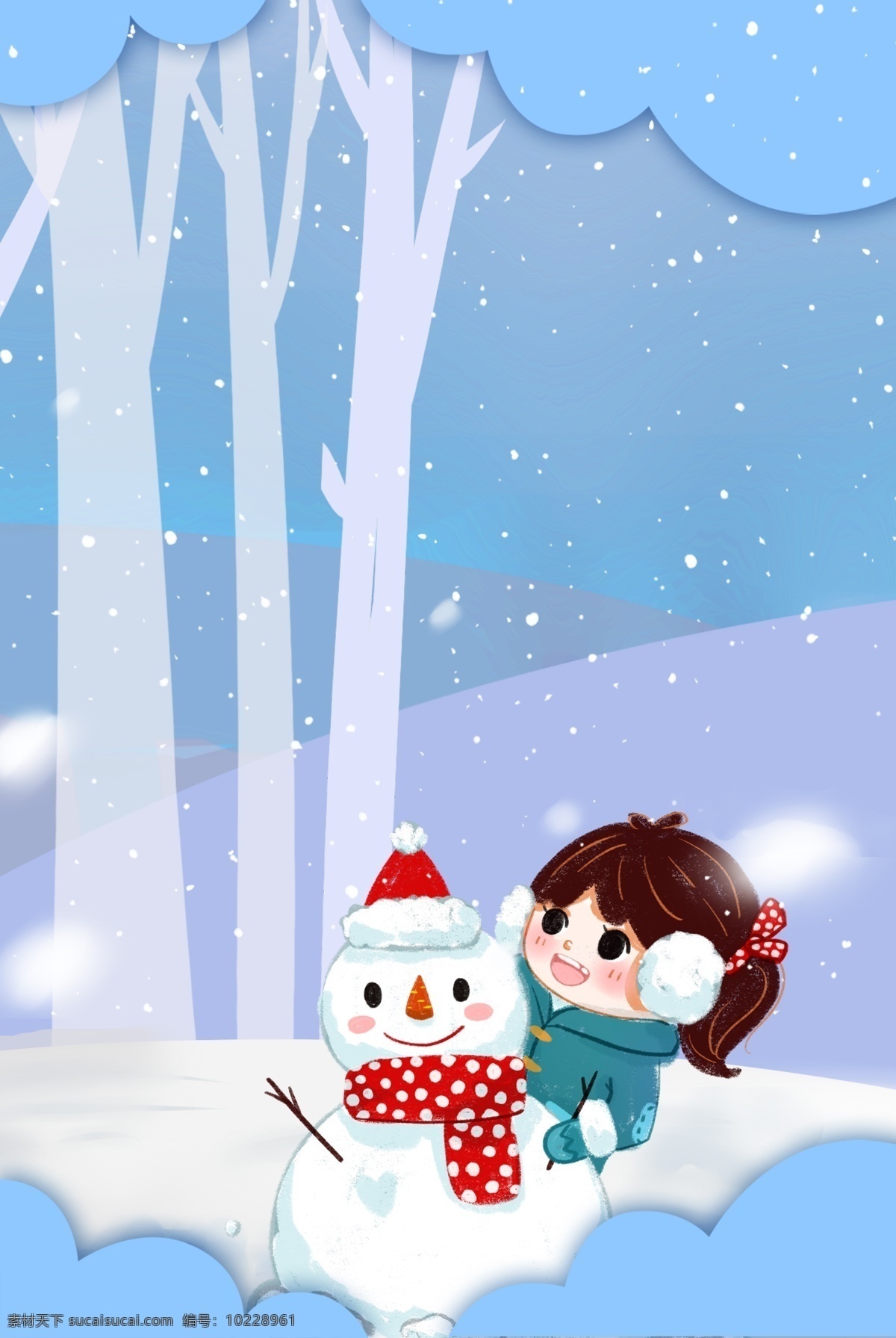 冬季 里 堆 雪人 海报 背景 堆雪人 蓝色 女孩 十二月你好 冬季促销 十二月 大雪 小雪