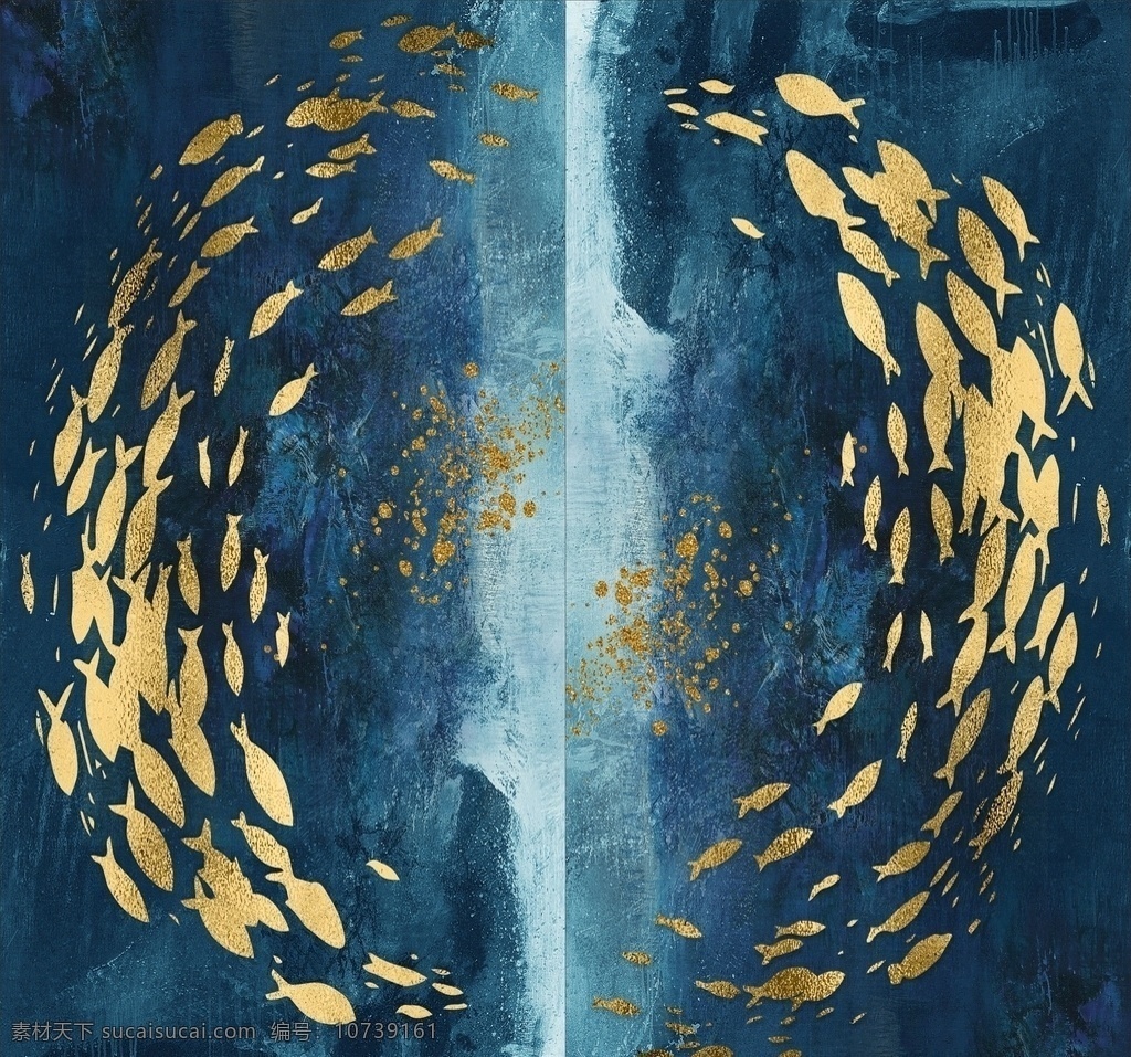 油画 北欧风格 鱼 画 蓝色图片 蓝色背景 金色 高档 深海 海报 喷画 窗画 背景画 文化艺术 绘画书法