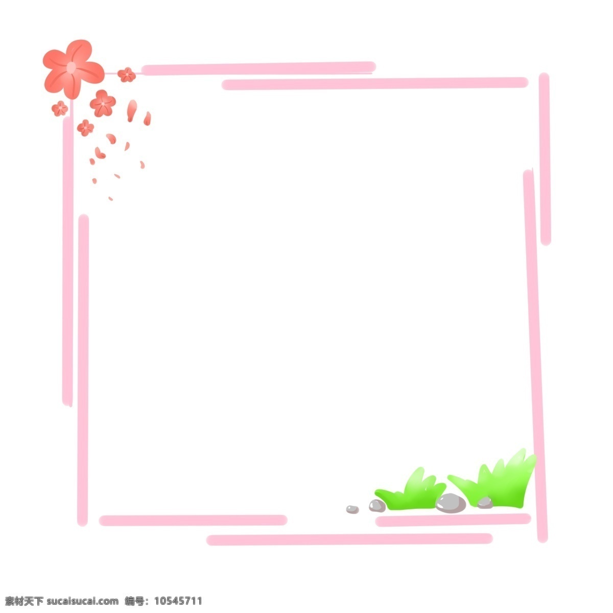 卡通 不 协调 边框 插图 灰色小石头 绿色植物 红色花瓣 春季边框 粉色的边框 卡通边框 万物复苏 装饰边框