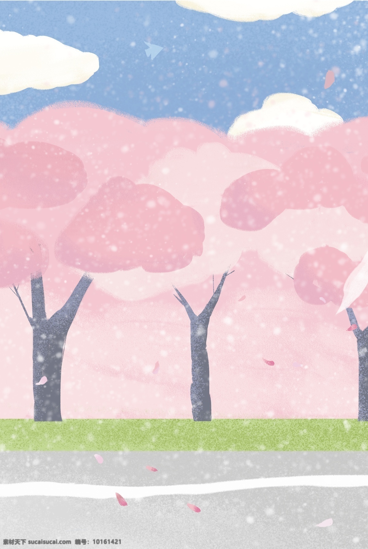 红色 樱花 树林 免 抠 图 漂亮的森林 樱花树 蓝天 白云 卡通图案 卡通插画 绿色草地 植物 免抠图