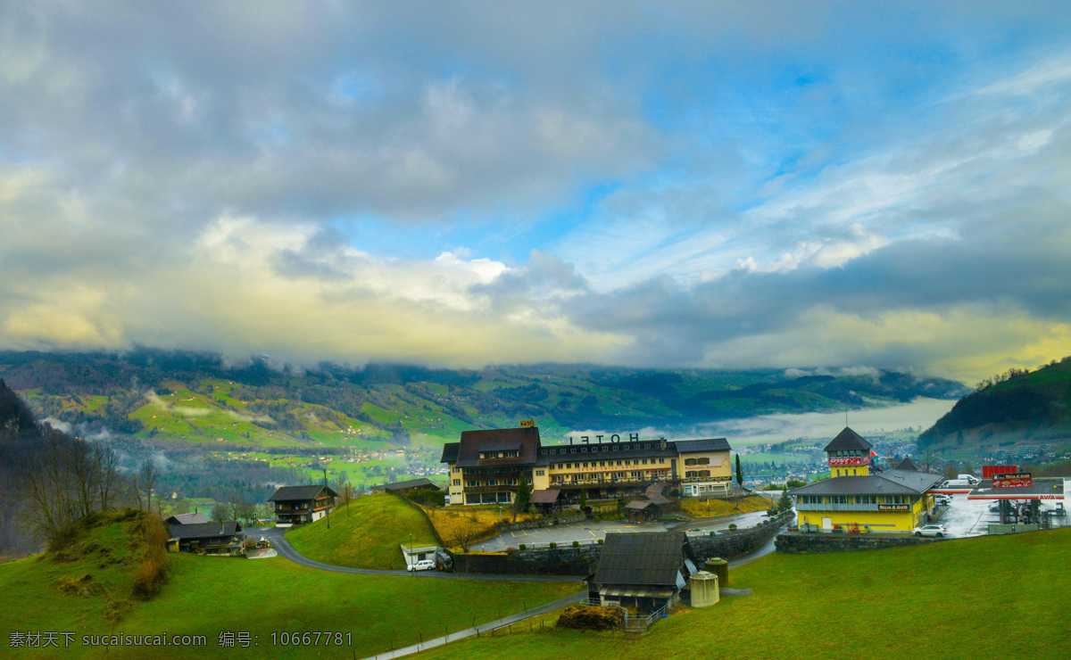 瑞士风光 蓝天白云 树木 小房 山峦 小路 草地 欧洲六国游 旅游摄影 国外旅游