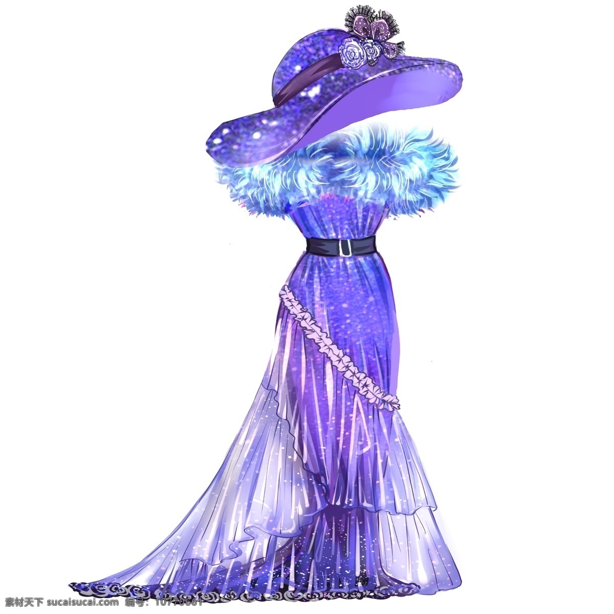 紫色 长裙 晚礼服 服装 小清新 闪亮 无背景 性感 高贵 礼服裙 帽子 毛绒 花朵 薄纱